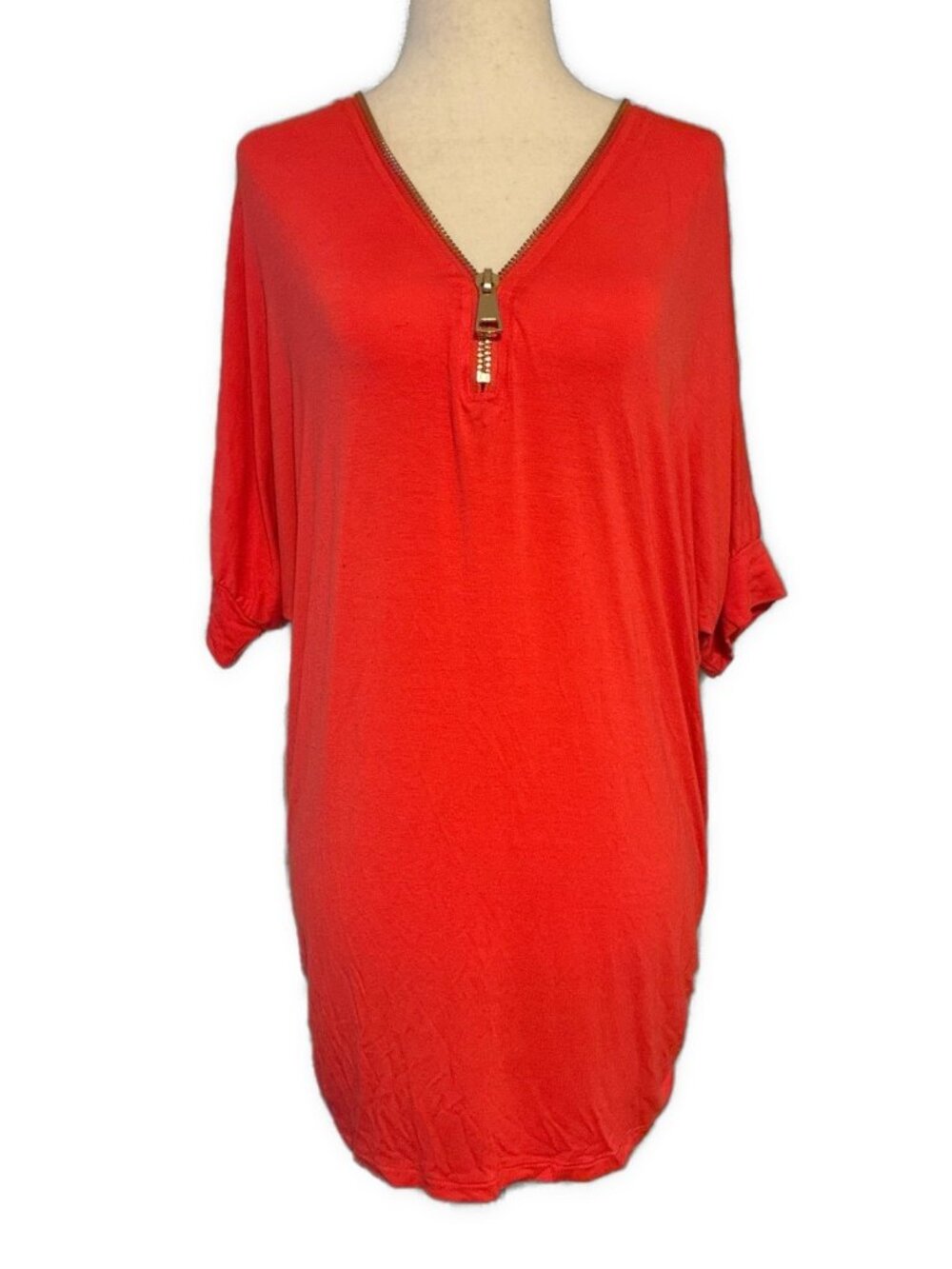 TN T8 Coral Pink Tunic Top Zip V Neck 3/4 Sleeve Stretch Viscose Large Xl